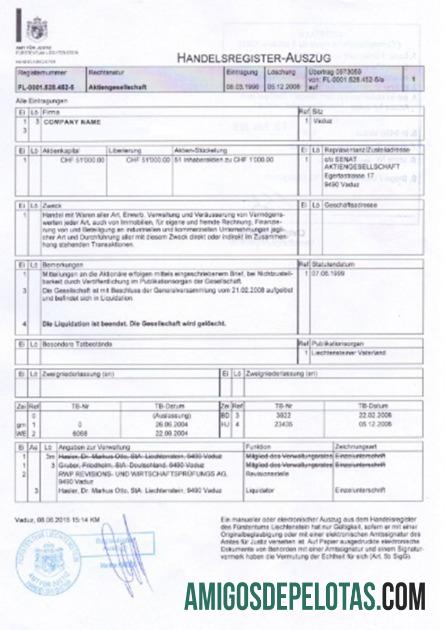 Exemplo de certificado de incorporação de Liechtenstein